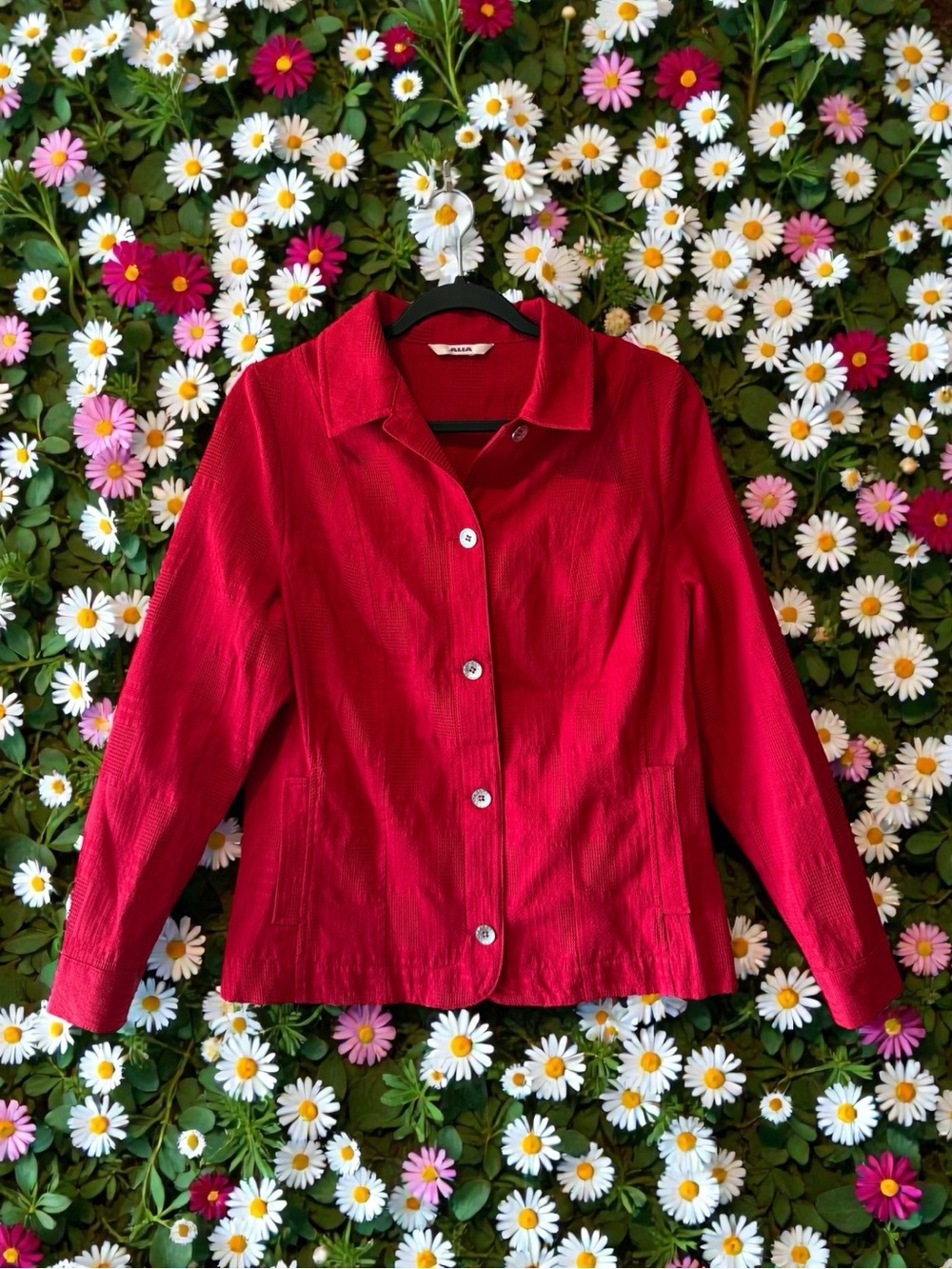 Alia Red Patchwork Textured Jacket/Shacket with Metallic Silver Buttons